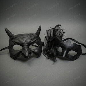 Black Horned Demon Mask & Tulle Glitter Masquerade Couple Mask Set